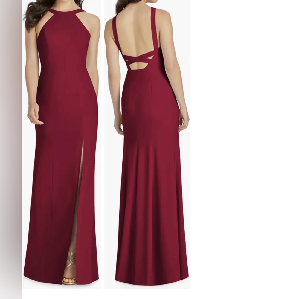 NEW DESSY COLLECTION Burgundy CUTAWAY SHOULDER High Slit CREPE GOWN Size 2